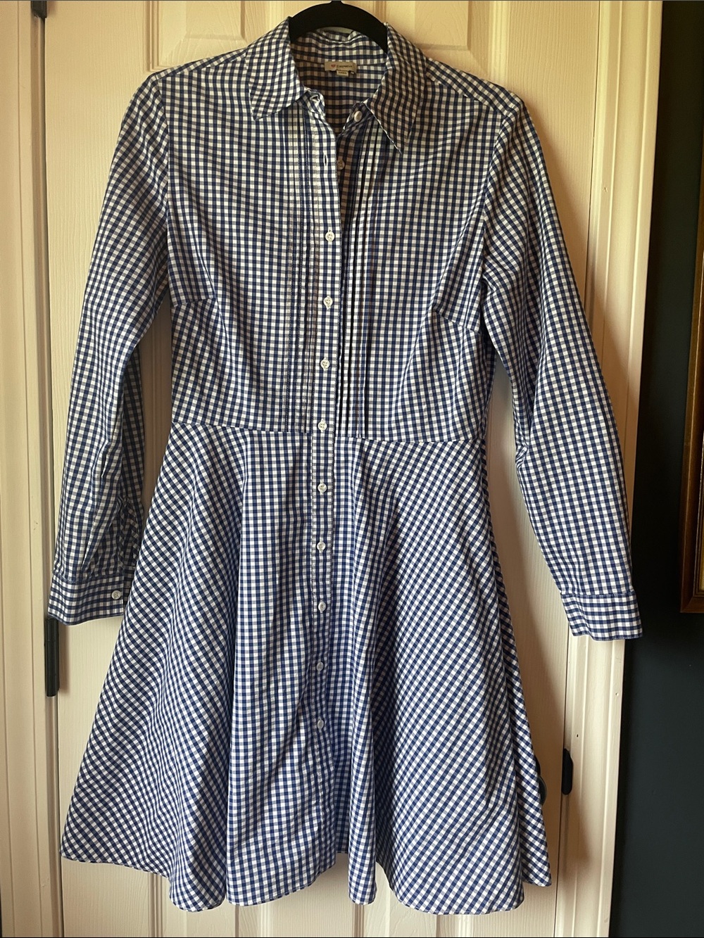 Royal and White Gingham Fit-and-Flare Button Up Shirt Dress